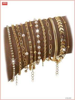 14K Gold Plated Stackable Link Bracelet Set 12Pc